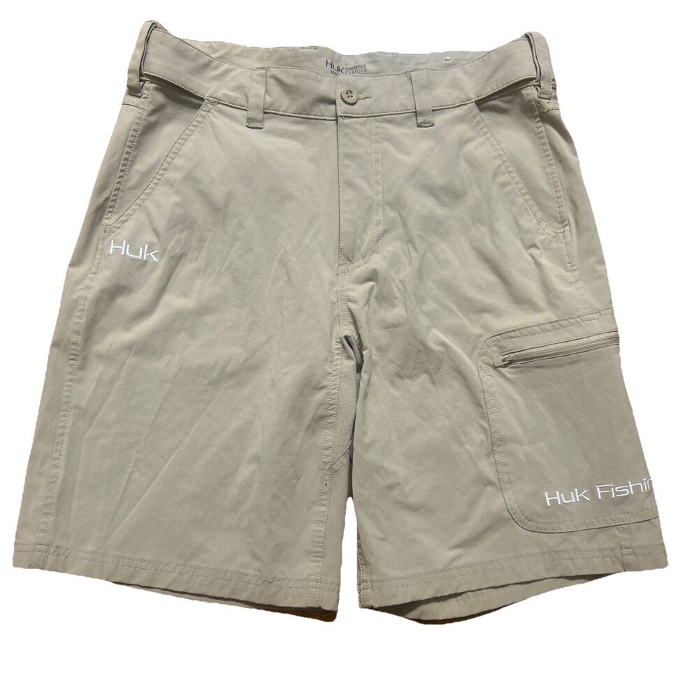 Huk Performance Fishing Cargo Shorts Mens Size L 36x10 Beige Stretch Outdoor